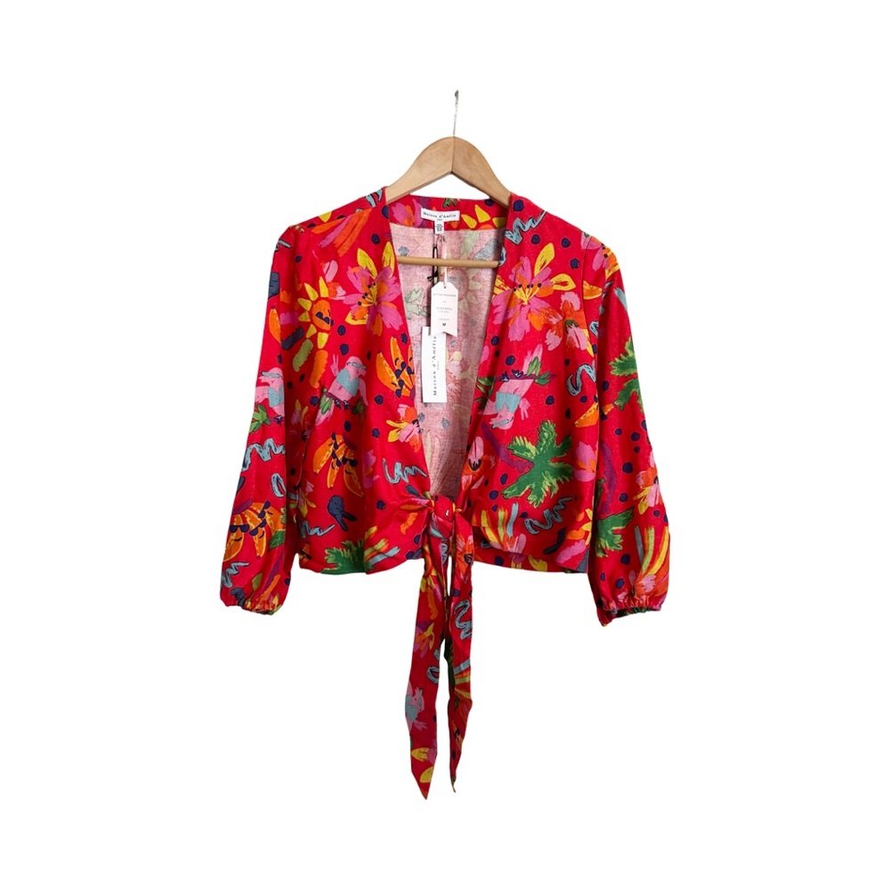NWT Madison d’Amelie Tropical Red Tie-Front Linen Blouse